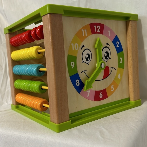 Other - Toddler Learning Cube Toy Wooden Gears Abacus Clock Shape Montessori 7 in x 7 in